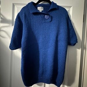 Vintage Crystal Sportswear Blue Knit Top – Short Sleeve Sweater – Size L